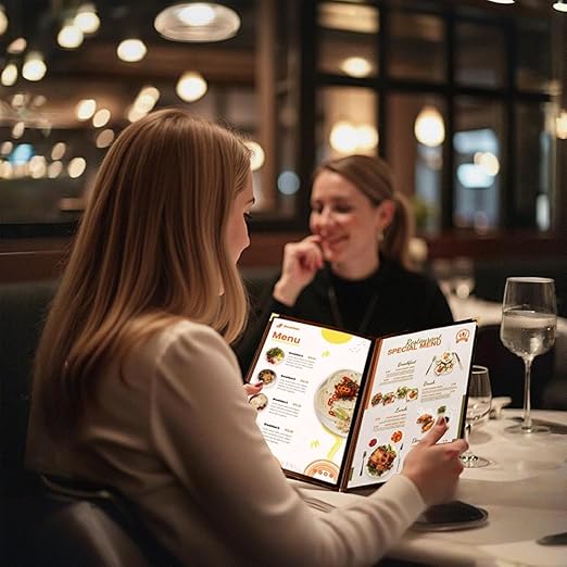 Goodsmart Restaurant Menu Covers – 25 Pack Burgundy 8-View Booklet 8.5" x 14", Side-Loading Vinyl & Plastic Menu Holders, Clear Menu Sleeves, Leather-Style Café Covers with Gold Corners