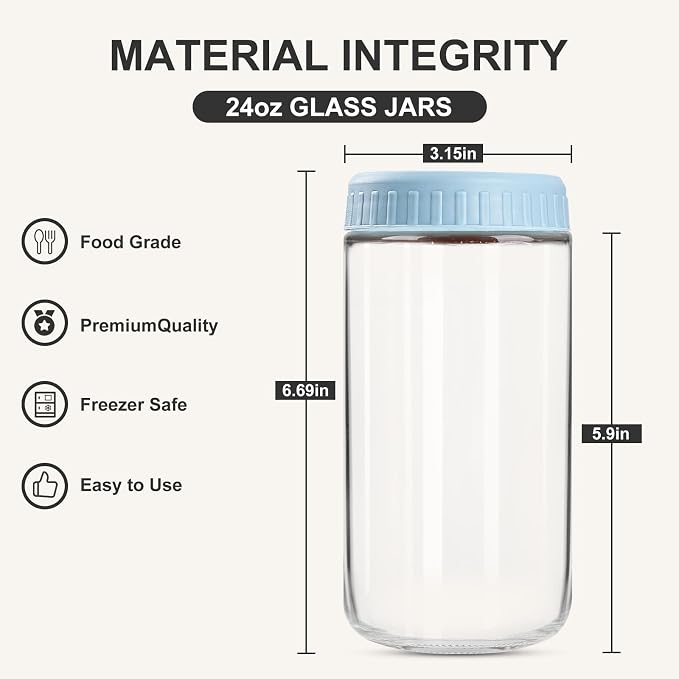 SHOWIN Overnight Oats Containers with Lids, 24oz Glass Jars with Lids 8 pcs, Light Blue, Wide Mouth Mason jars for Salad, Yogurt, Snacks, Meal Prep