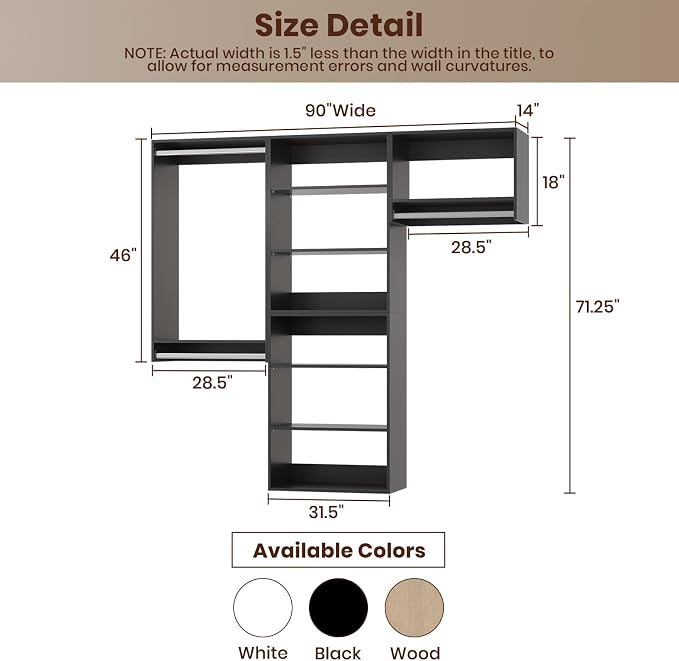 ROOMTEC Modular Closet System, 90" Wall-Mounted Closet Organizer with Hanging Rods, Modern Wooden Tower for Walk-In Closets, Wardrobe Storage Kit, Black