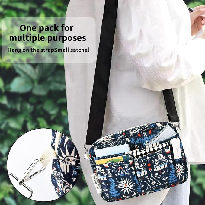 E-WEICHEN Multiple Pockets Portfolio Organizer with Zippered, Makeup Bag Travel Essentials for Women, Simple Waterproof Stationery Pencil Pouch Bag for Journal Office Art Supplies.Black Evil Eyes