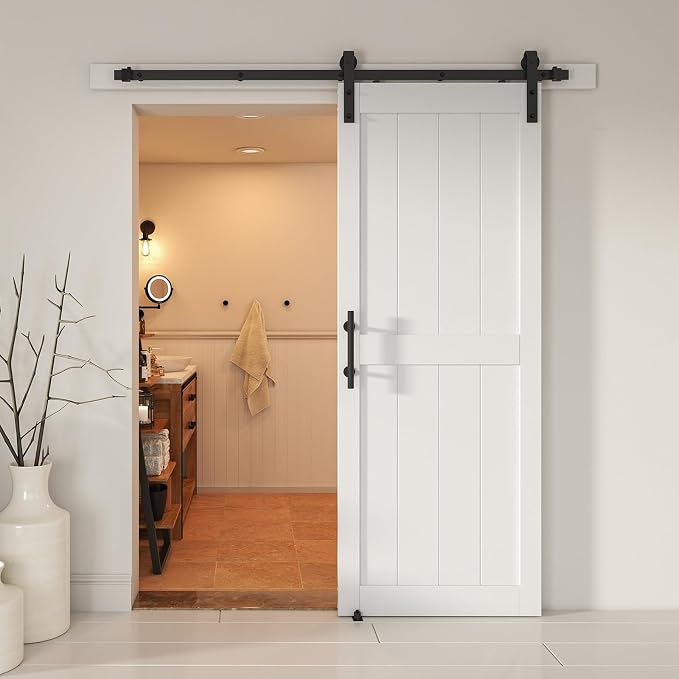 32''x 80'' Sliding Barn Door with 6.6 Ft Barn Door Hardware Kit | Pre-Drilled Holes Easy Assembly - Include Installation Manual, Water-Proof PVC Surface, H-Frame, White
