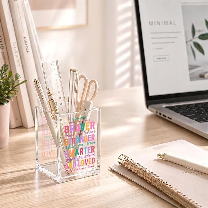 You Are Braver Stronger Smarter And Loved Acrylic Pencil Holder Cup | Inspirational Makeup Brush Organizer for Daughter Niece Friend, Motivational Grad Gifts, Women Affirmation Desk Accessories