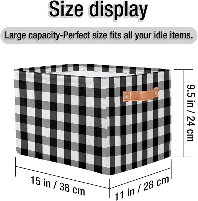 Rectangular Storage Bins Black White Gray Check Plaid Collapsible Fabric Storage Basket Organizer with Handles for Nursery Bedroom Bathroom