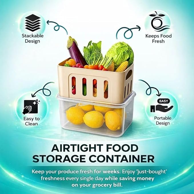 Fruit Containers for Fridge Keep Fresh, 5-Pack Food Storage Containers with Lids, Meal Prep Containers, Fridge Storage with Removable Colander, Microwave & Dishwasher Safe (Cream)