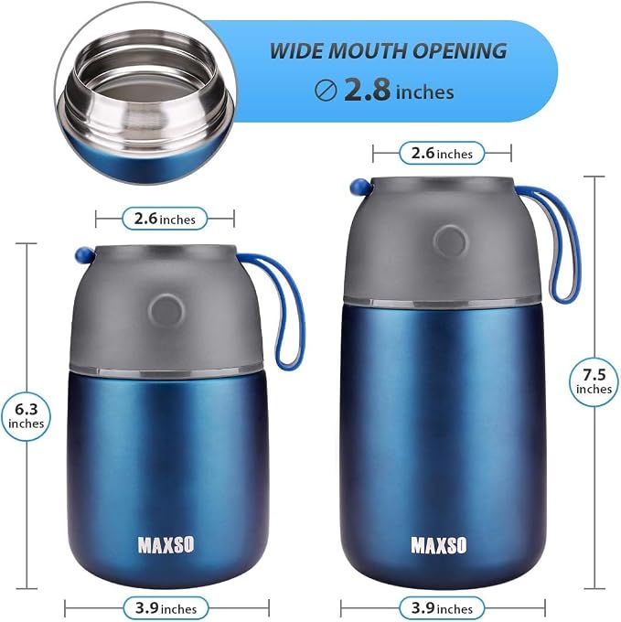 MAXSO 2 Pack Soup Thermo for Hot & Cold Food for Kids Adults, Vacuum Insulated Food Jar Thermal Lunch Containers, Travel Food Flask with Spoon (24 oz,17 oz) (Dark Blue)