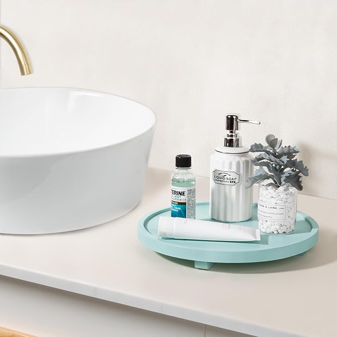 Round Decorative Tray Farmhouse Kitchen Decor Soap Dish, 12" Light Blue | Waterproof, Lightweight, Easy Clean, Wood Riser Pedestal Stand Accessories for Office Desk, Vanity, Counter, Sink