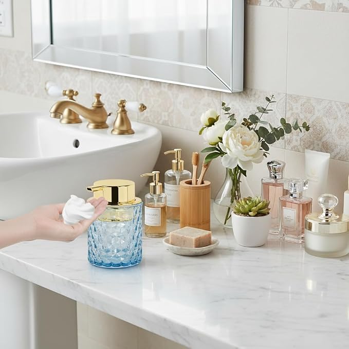 10 Oz Glass Hand Soap Dispenser with Pump, Refillable Bathroom Gold Foaming Soap Dispenser, Vintage Glass Diamond Lotion Container Bottle for Bathroom and Kitchen (1, Blue and Gold)