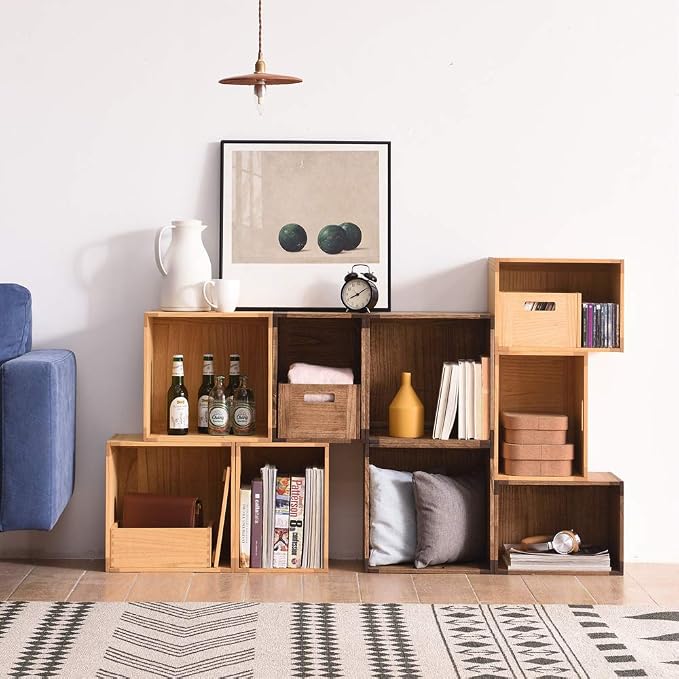 KIRIGEN Stackable Wood Storage Cube with Handles, Open Crate Bin, Brown | Wooden Box and Open Front ,Stackable for Books, Clothes, and Closet Storage, Assembly Required, 14.17 x 14.17 x 10.31 Inch