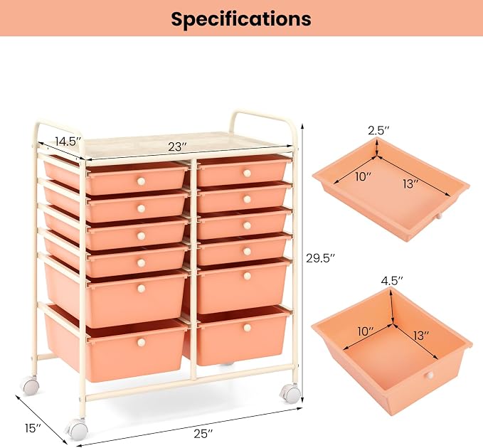 Moccha 12-Drawer Rolling Storage Cart - Utility Cart on Wheels with Lockable Casters for Craft Art Supply Paper Salon, Mobile Drawer Carts for Classroom Teacher School Office (Peach)