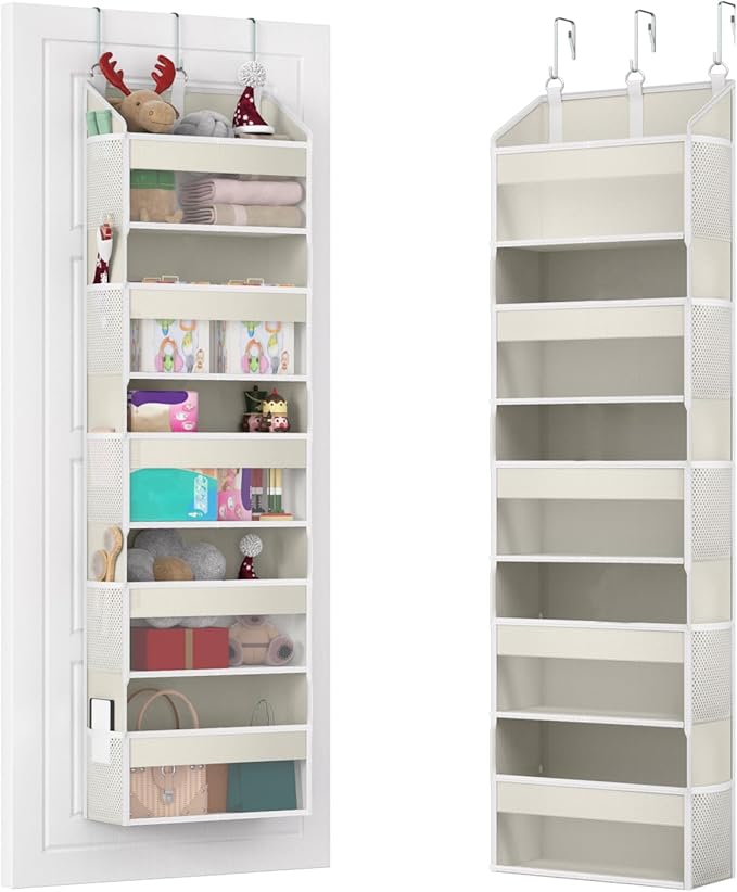 Over the Door Organizer with 5 Front & 10 Mesh Side Pockets, 50LB Capacity Extra Large Hanging Storage Organizer Multi-Room Space-Saving Hanging Shelves with 3 Hook for Closet, Kitchen, Pantry, Beige