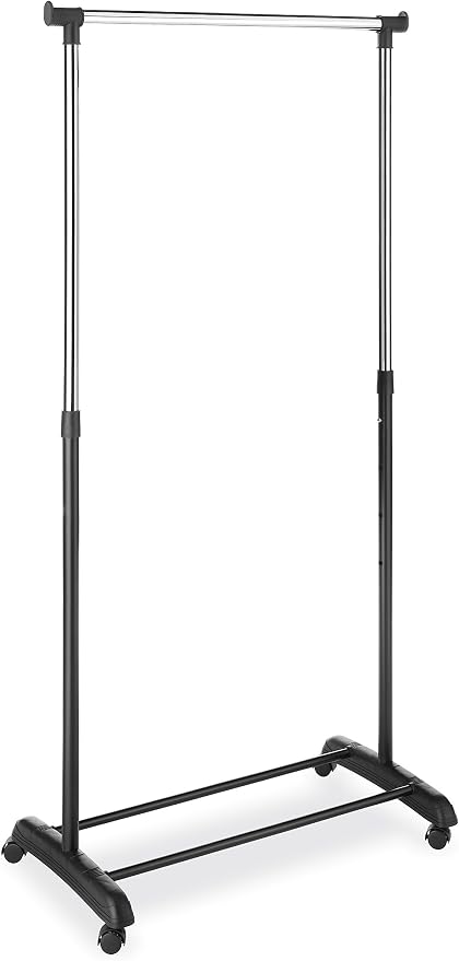Whitmor Adjustable Garment Rack with Wheels, Rolling Clothes Rack for Hanging Clothes, Heavy Duty Single Rail Clothing Rack, Portable Hanging Rack for Bedroom, Laundry Room, Black & Silver