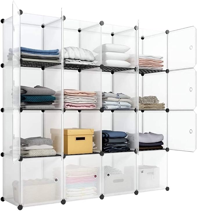 16 Cubes Storage Organizer,Portable Closet Wardrobe,Plastic Clothes Storage Shelves,Modular Bookcase Closet Cabinet,with Doors,for Kitchen, Bedroom, Playroom, Living Room, Office, Dorm (White)