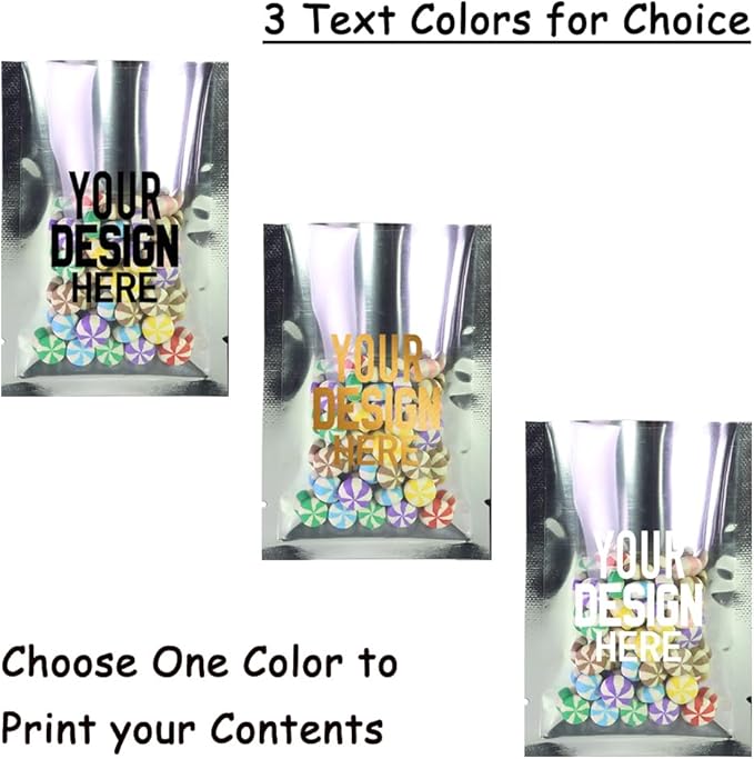 100PCS Customized Mylar Heat Seal Bags,Open Top Clear Packaging Bag with Tear Notch, Single-Side Printing for Logo/Text/QR Code (Black, 8 * 12CM/3.2"*4.7"-100PCS-One Color Print)