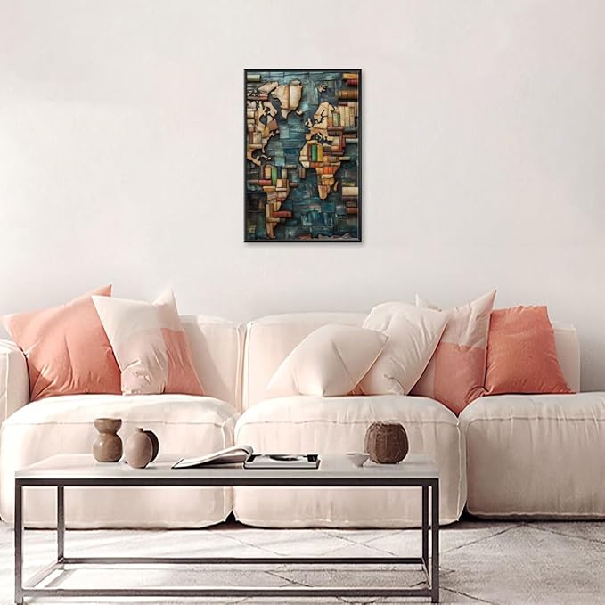 World Map Book Adventure Vintage Library Art Aesthetic Poster Canvas Wall Art Decoration Living Room Home Decor Bedroom Decoration Poster black framed20x30inch