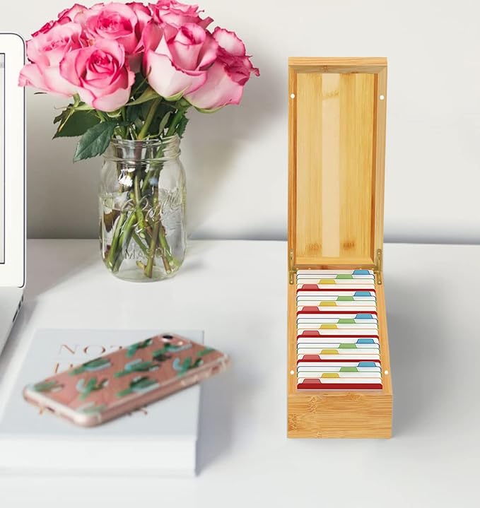 Neando Bamboo Business Card Organizer for 2x3.5 Cards – 600-Card Capacity Wooden Holder with Lid, 4 Compartments, Includes 20 Thick Index Cards – Natural Mini Card Filing Box