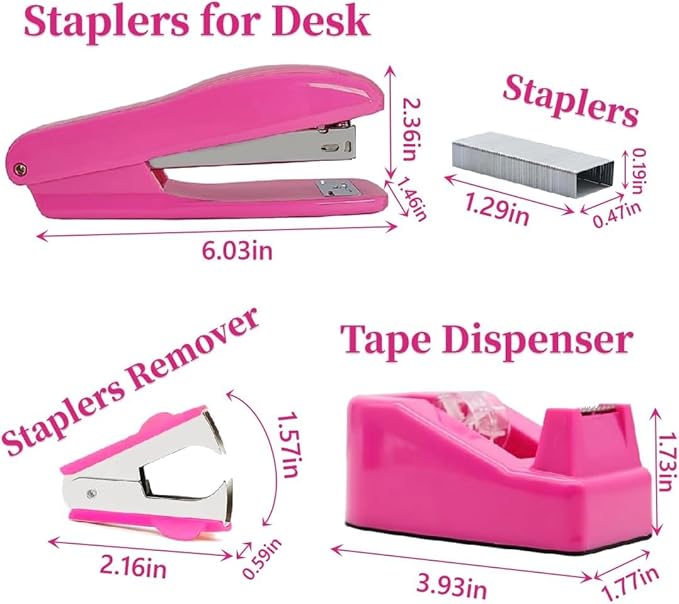 Hot Pink Office Supplies Set for Kids, Stapler and Tape Dispenser for Women, Pink Desk Accessories for Kids, Office Desk Accessories Gift for Women, Boss Lady, Coworkers