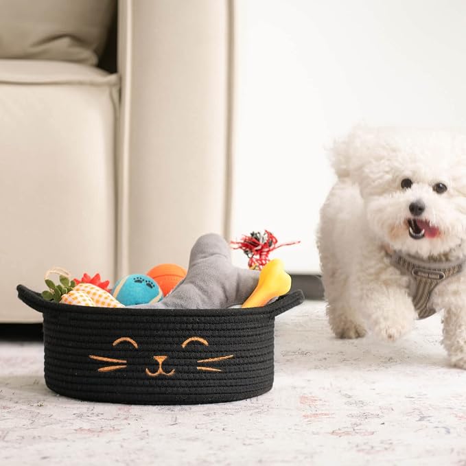 Small Storage Basket, Black Cute Pet Toy Storage for Cats, Dogs, Decorative Rope Bin for Organizing, Empty Gift Basket for Baby, Black, 9.8 x 4 inches