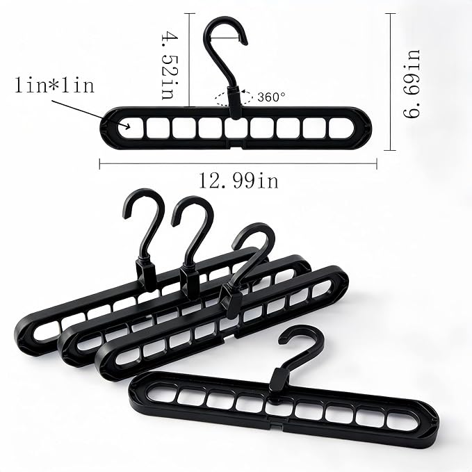 9 Space-Saving Hangers Heavy-Duty PP Plastic Tiered Hanger Organizer with Non-Slip Foldable Design, for Closet (Black, 5)