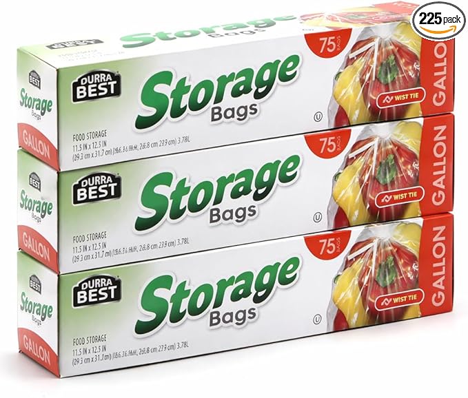 1 Gallon Storage Bags with Twist Ties, 225 Count | Large Clear Food Storage Bags for Bread, Fruits, Snacks & Bulk Storage | Leak-Resistant BPA-Free Disposable Plastic Bags | DURRA BEST