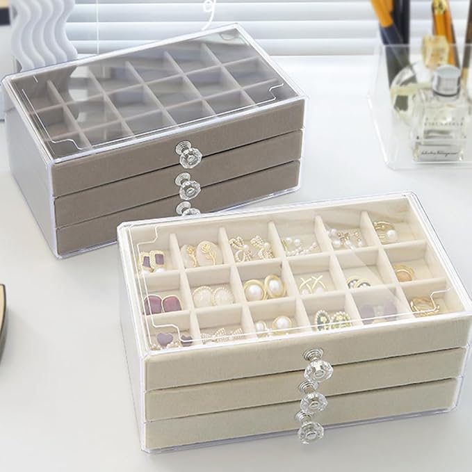 SPAKOWN Earring Box Holder Organizer Display Case | Clear Velvet Jewelry Storage Tray Organizer for Earring Ring Stud (Beige - 3 Drawers)