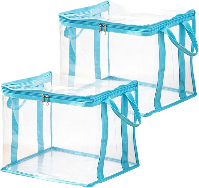 Large Clear Thick Plastic Storage Box with Hinged Lid, Heavy-Duty Durable High Capacity Organizer, Foldable Storage Box,Perfect for Home, Camping, Travel, Attic & Moving (Blue-L-2)