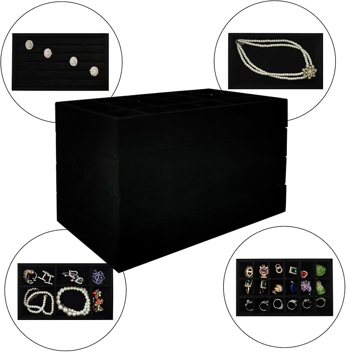 Stackable Jewelry Trays Velvet Drawer Organizer Inserts Tray Jewelry Storage Display Case for Rings,Stud Necklaces,Earrings (Black)