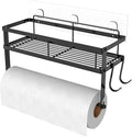 ESOW Paper Towel Holder Wall Mount with Shelf, Adhesive, Matte Black Metal | Stainless steel 2in1 holder shelf fits large rolls Strong adhesive holds 11 lbs For kitchen bathroom RV camper small spaces