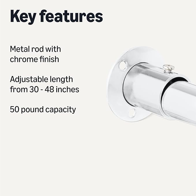 Amazon Basics Closet Rod, Adjustable, Chrome Finish, 30 to 48 Inches, 50-Pound Capacity, for Hanging Clothes