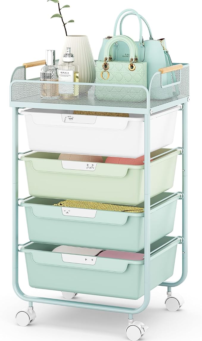 SYKIARIOL 4-Drawer Rolling Storage Cart with Mesh Top, Utility Craft Organizer Cart on Wheels with DIY Labels, Rolling Drawer Cart for Home Office Classroom Bedroom, Green