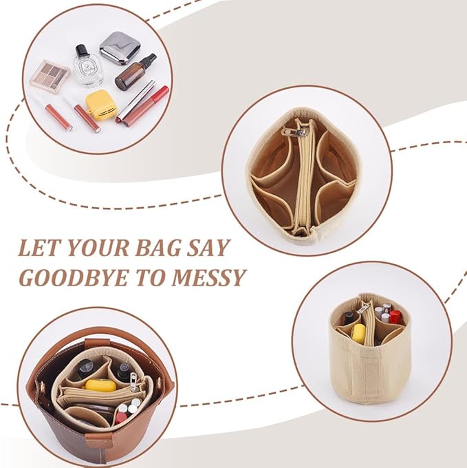 WADORN Small Felt Purse Organizer Insert, Handbag Insert Liner for LV Cannes Round Bucket Bag Organizer Barrel Bags Interior Inserts Accessories for Bucket Makeup Bag, 5.11x4.65 In, Beige
