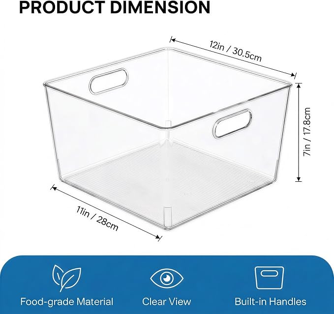 MOONEDGE 6-Pack 12x12x7 Extra Large Clear Plastic Storage Bins with Handles | Cube PET Organizer Square Boxes for Pantry,Closet,Kitchen,Bathroom,Laundry,Classroom,Playroom Organization