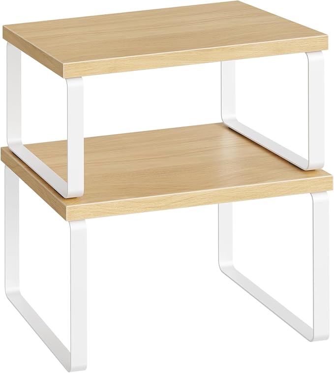 HOOBRO Cabinet Organizer Shelf, Set of 2, Kitchen Countertop Organizer, Kitchen Countertop Shelf, Spice Rack for Counter, Stackable, Expandable for Cabinet, Kitchen, Natural and White WN33TL01