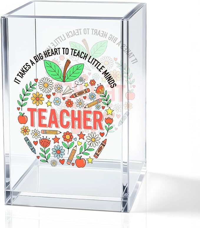 It Takes A Big Heart To Teach Little Minds Acrylic Cosmetic Pencil Holder Cup, Teacher Appreciation Gifts for Women, Office Desk Accessories for Teacher, Pen Organizer, Preschool Teacher Gifts