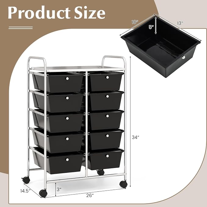 RELAX4LIFE Rolling Storage Cart with 10 Drawers - Craft Storage Cart with Lockable Wheels,Utility Cart, Art Cart Organizer for Crafting Storage, Studio, Office, Home, School Rolling Drawer Cart