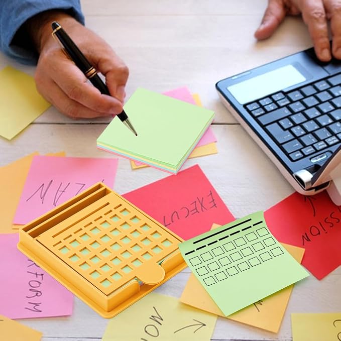 Sticky Note Holder with 5 Different Stencil & 100 Sheet Post It Notes, 3x3 inch Sticky Pads Dispenser with Line Box Drawing Template for Office and Home(COLOR:yellow)