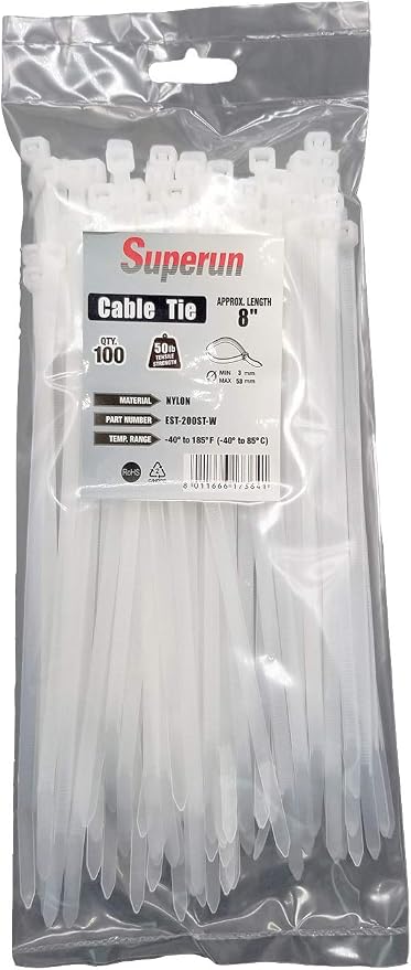 Superun Clear Zip Ties 8 Inch 50 Lbs White Cable Ties 100 Pack | Self-locking,Width 0.18",Max Bundle Diameter 2.0",Industrial Grade,fireproof,Heavy duty,For indoor and outdoor