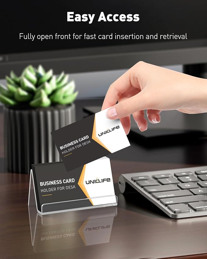 Uniclife 4 Pack Acrylic Business Card Holder for Desk, 50 Card Capacity | 3.5" x 1.9" x 2" Clear Horizontal Business Card Display Stand, Desktop Business Card Organizer for Office, Index Card Holder