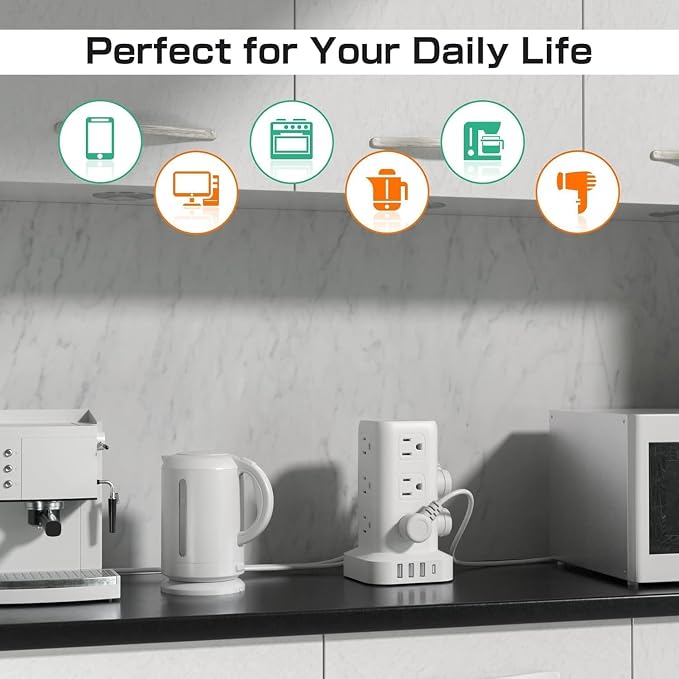 Power Strip with 12 Outlets 4 USB (1 USB C), 10Feet Extension Cord with Multiple Outlets, Charging Station, Power Strip Tower, Home Office Desk Supplies