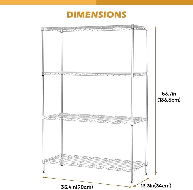 PayLessHere 4 Tier Shelving Unit 13.4" D×35" W×53.7" H Metal Shelving Standing Storage Shelf with 4 Steel Frame Adjustable Layer Racks Metal Commercial Shelf for Kitchen, Garage (Chrome)