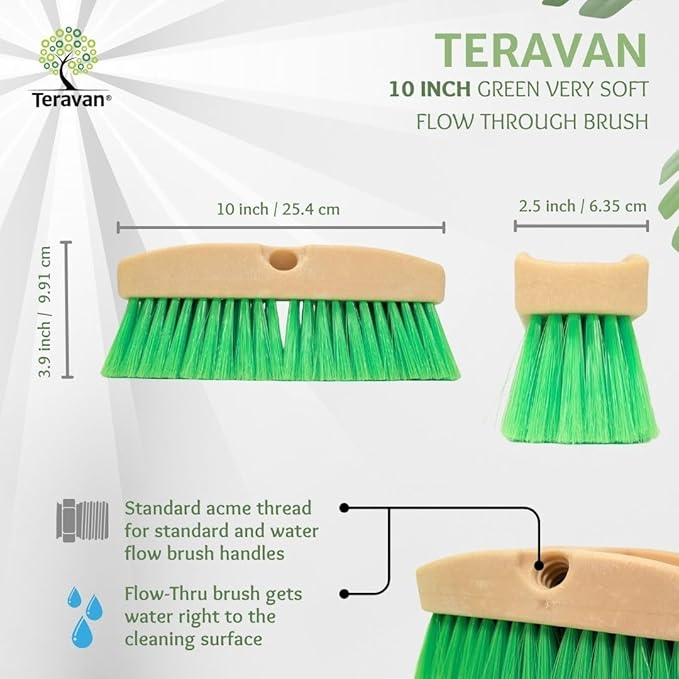 Teravan Green Flow Through Essential Flagged-End Brush Head, 10-Inch | Extra Soft Bristle Brush for Gentle Car Wash, RV, Boat, Window & Floor Cleaning, Compatible with Pole Handle