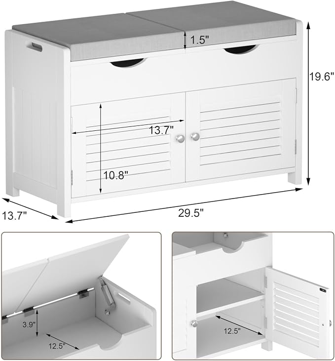 ChooChoo Shoe Storage Bench with Lift Top Storage & Cushioned Seats | 29.5" Entryway Bench with 3 Compartments & Adjustable Shelf, for Entryway, White