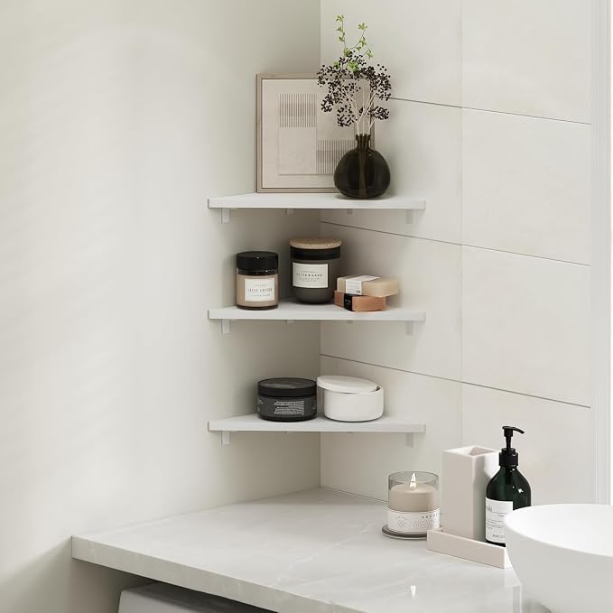 Furinno Rossi Triangle Corner Floating Shelves, Wall Mount Display Shelf, White, Set of 3 (Pack of 2)