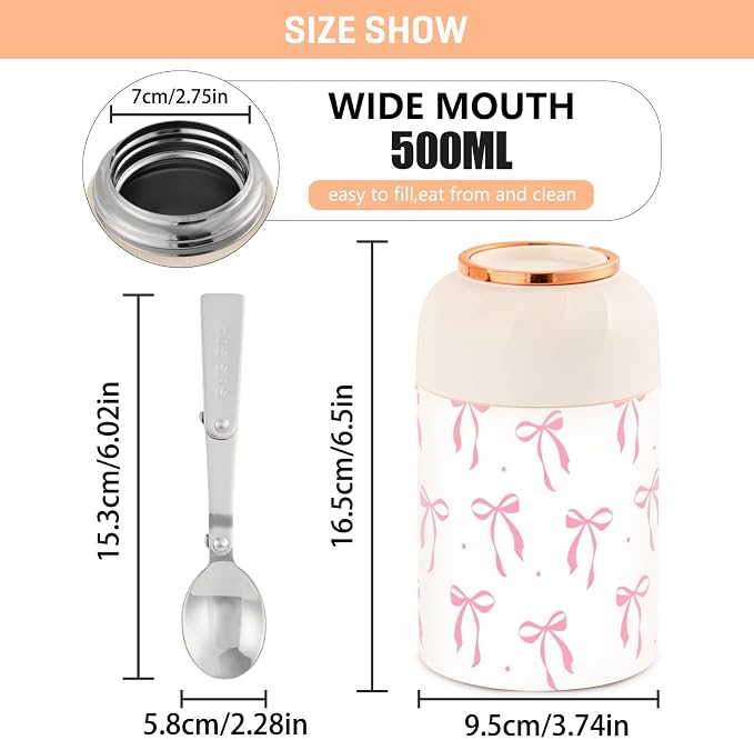 Pink Bow Vacuum Insulated Food Jar with Spoon, 17oz Stainless Steel Hot Cold Lunch Container, Wide Mouth Leakproof Soup Thermo for Kids Adults