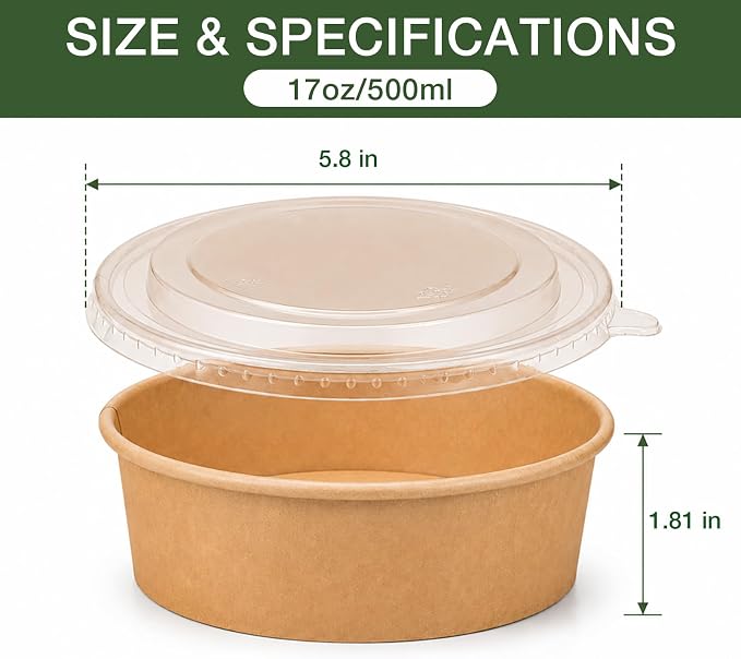 50pks 17oz Disposable Meal Prep Containers, Disposable Bowls with Lids | Disposable kraft paper bowls with lids, Waterproof, Safe for hot & cold food, Perfect for catering, parties, lunch takeout
