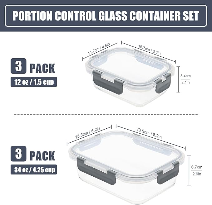 6pack Glass Meal Prep Container, Food Storage Containers with Airtight Lids | Glass Lunch Containers with Airtight Lids, Microwave to Freezer Safe, Dishwasher Safe