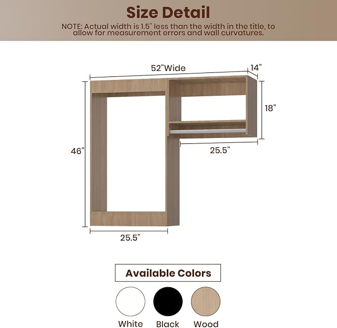 ROOMTEC Modular Closet System, 52" Wall-Mounted Closet Organizer with Hanging Rods, Wooden Tower for Walk-In Closets, Wardrobe Storage Kit, Wood