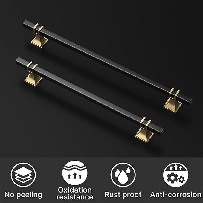 10 Pack 8 Inch Black and Gold Cabinet Pulls Kitchen Cabinet Handles, Black and Gold Cabinet Handles Square Dresser Drawer Pulls Kitchen Cabinet Hardware