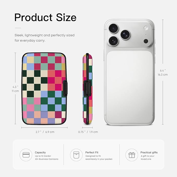 Credit Card Holder Multicolor Checker Mini Aluminum Wallet | Women Men, Slim Design, RFID Blocking, Metal Business ID Case