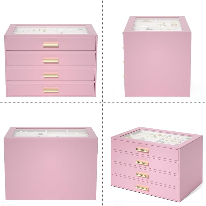 AKOZLIN Jewelry Box with Clear Lid Functional Leather Jewelry Storage Organizer Case 4 Drawers for Women Girls Necklace Ring Bracelet Earring