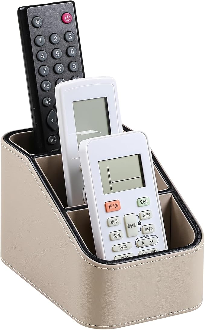 3 Compartments PU Leather Remote Control Holder, TV Remote Holder for Couch | Small Pen Desk Organizer for Office Bedside Living Room, Remote Caddy Nightstand Organizer